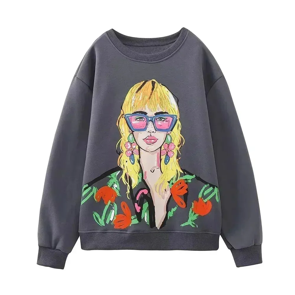 2024 New Fashion Women's Sweatshirts - Beauty Girls Print Casual O-Neck Hoodies & Chic Pullovers