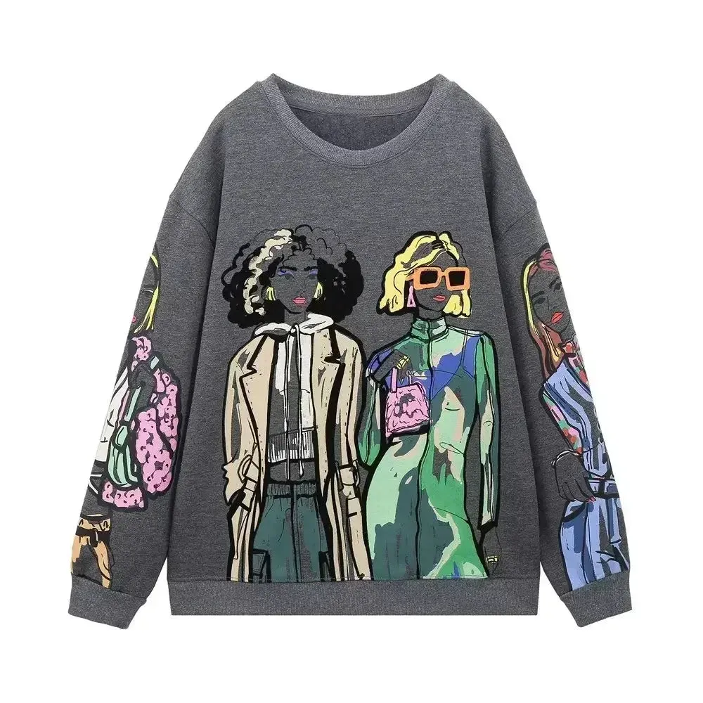 2024 New Fashion Women's Sweatshirts - Beauty Girls Print Casual O-Neck Hoodies & Chic Pullovers