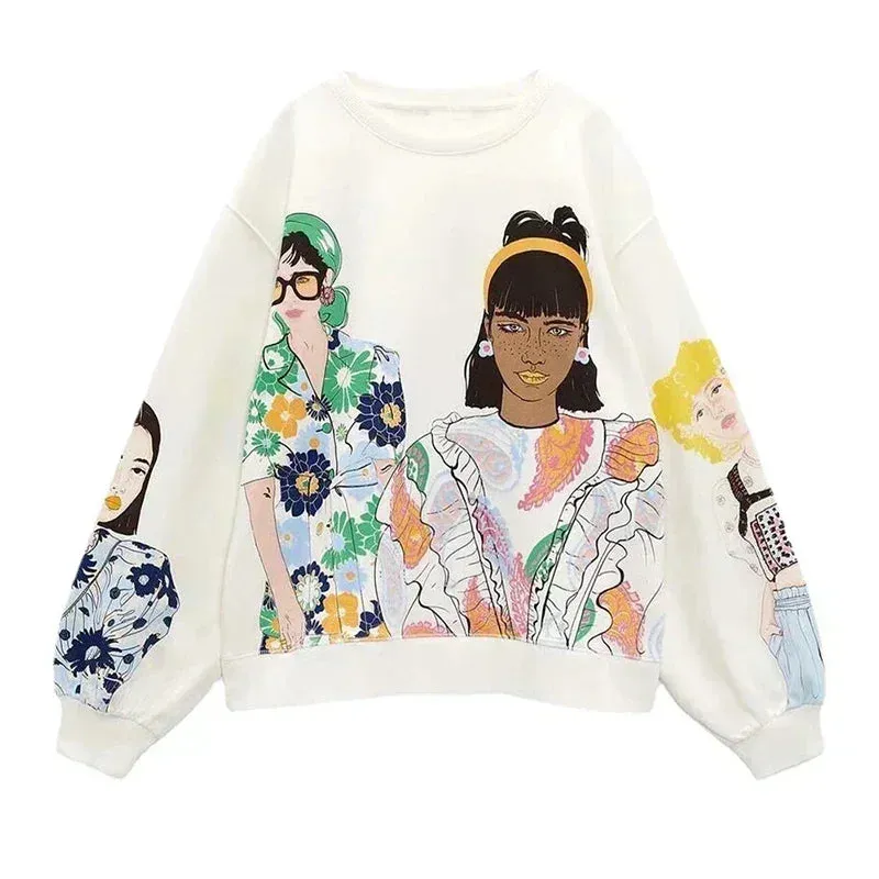 2024 New Fashion Women's Sweatshirts - Beauty Girls Print Casual O-Neck Hoodies & Chic Pullovers