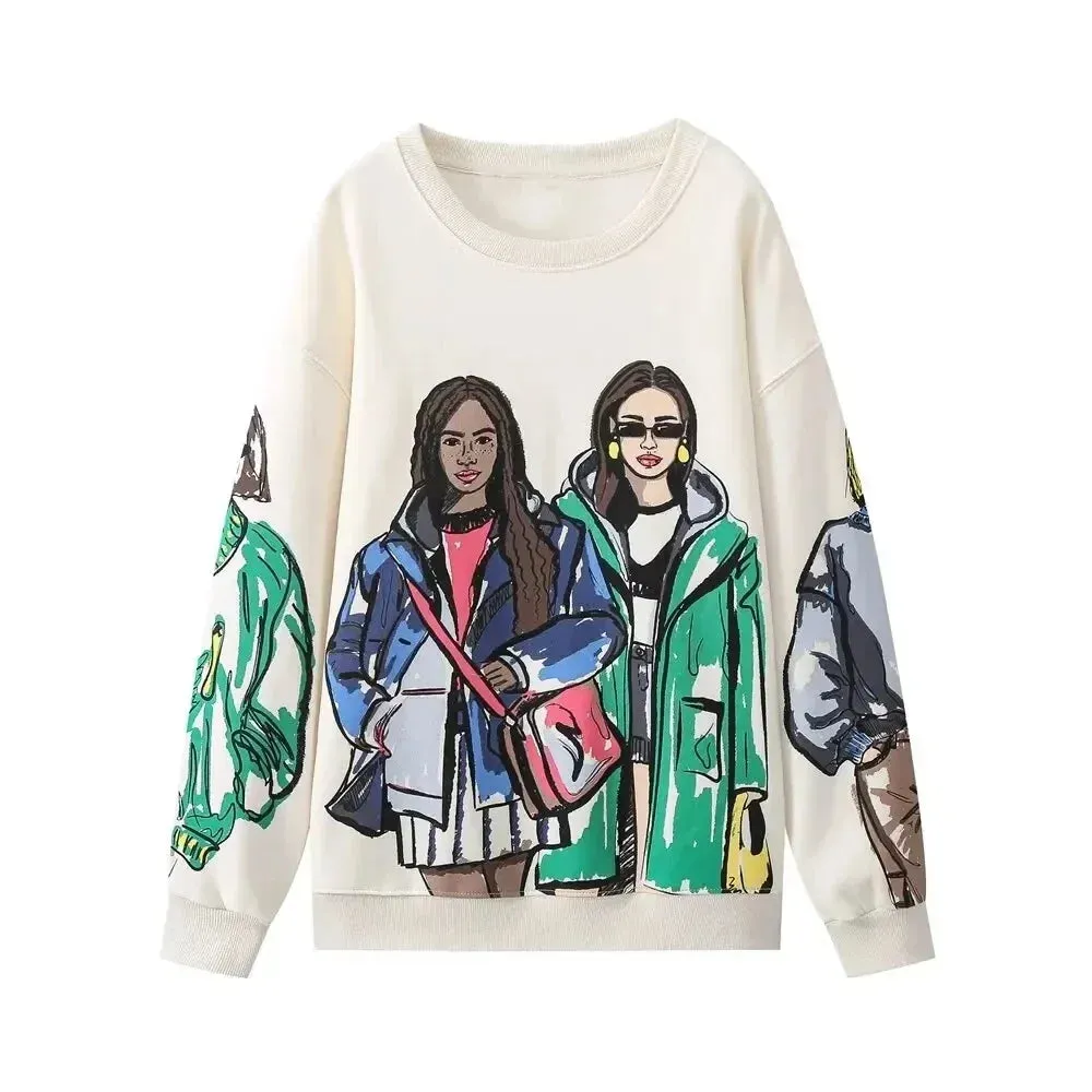 2024 New Fashion Women's Sweatshirts - Beauty Girls Print Casual O-Neck Hoodies & Chic Pullovers