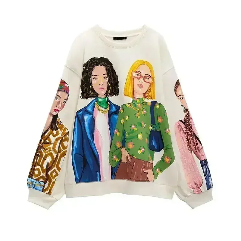 2024 New Fashion Women's Sweatshirts - Beauty Girls Print Casual O-Neck Hoodies & Chic Pullovers