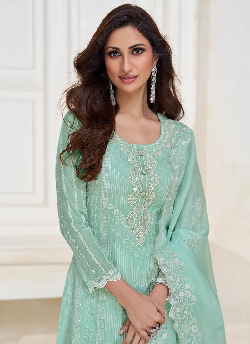 Aqua Blue Sequence Embroidery Traditional Salwar Kameez