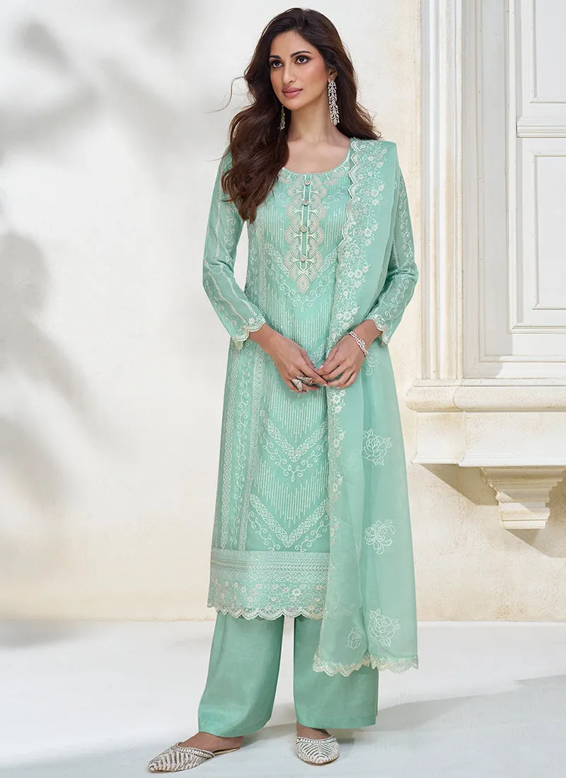 Aqua Blue Sequence Embroidery Traditional Salwar Kameez