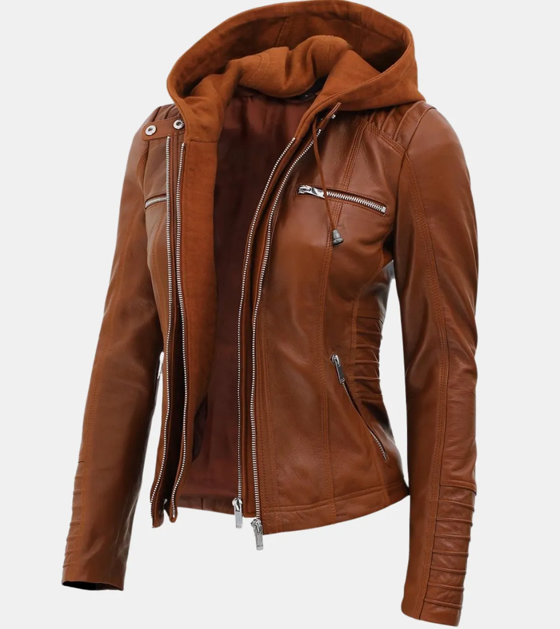 Aria Women's Removable Hooded Brown Leather Jacket