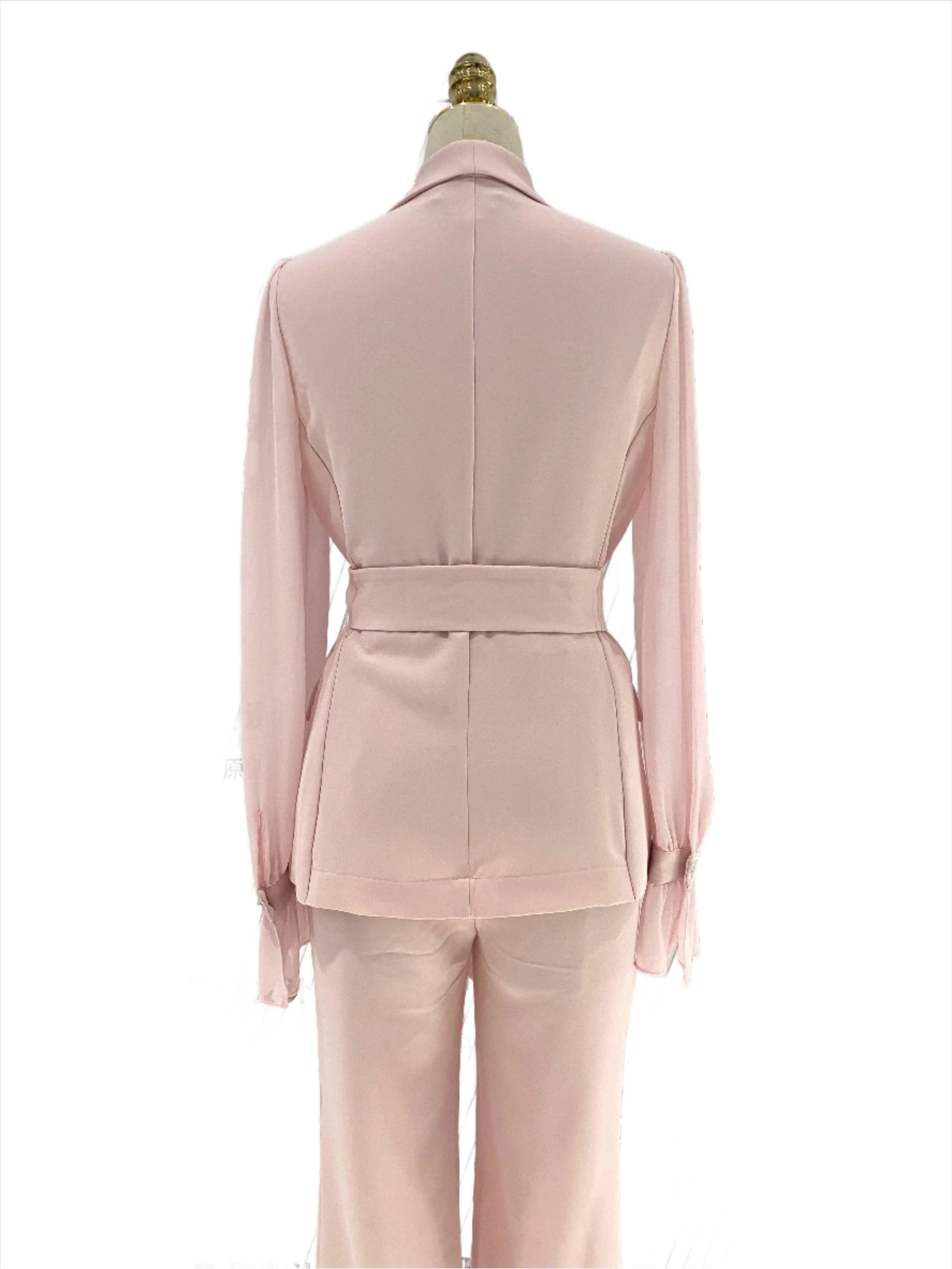 Belted Women Pant Suit, Spliced Sleeves