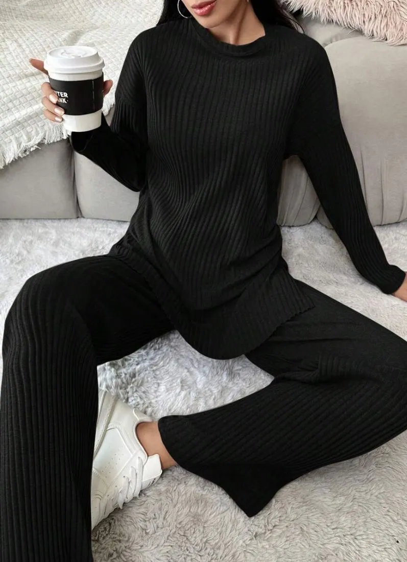 Black Cotton Ribbed Co-Ord Set