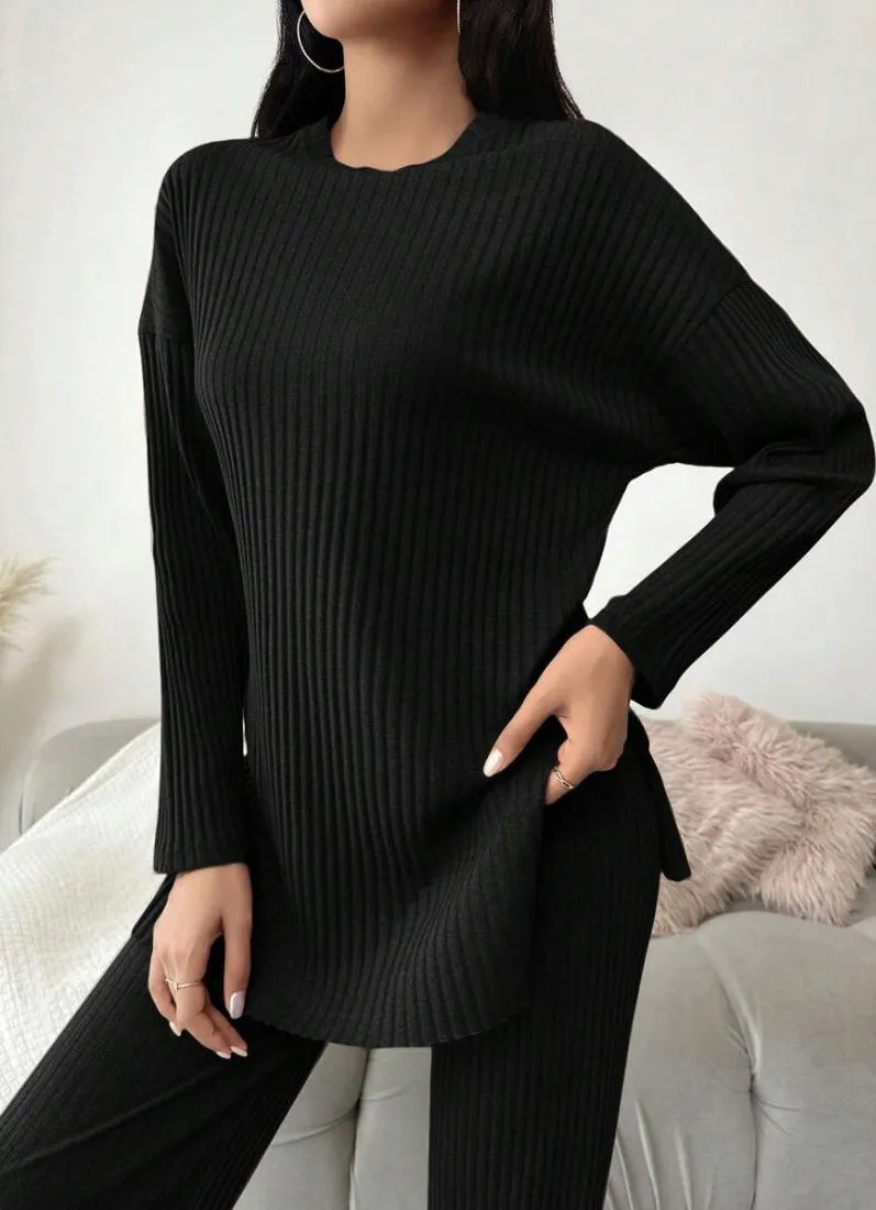 Black Cotton Ribbed Co-Ord Set