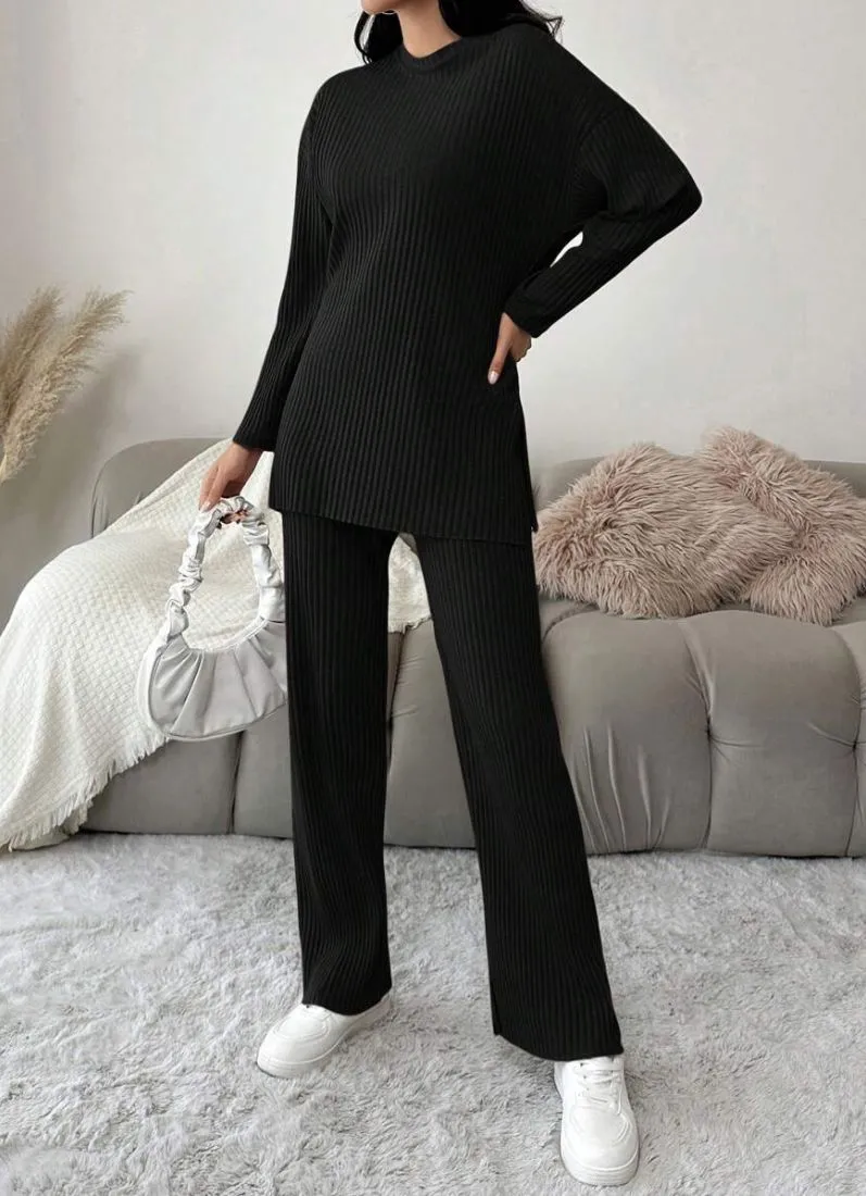 Black Cotton Ribbed Co-Ord Set