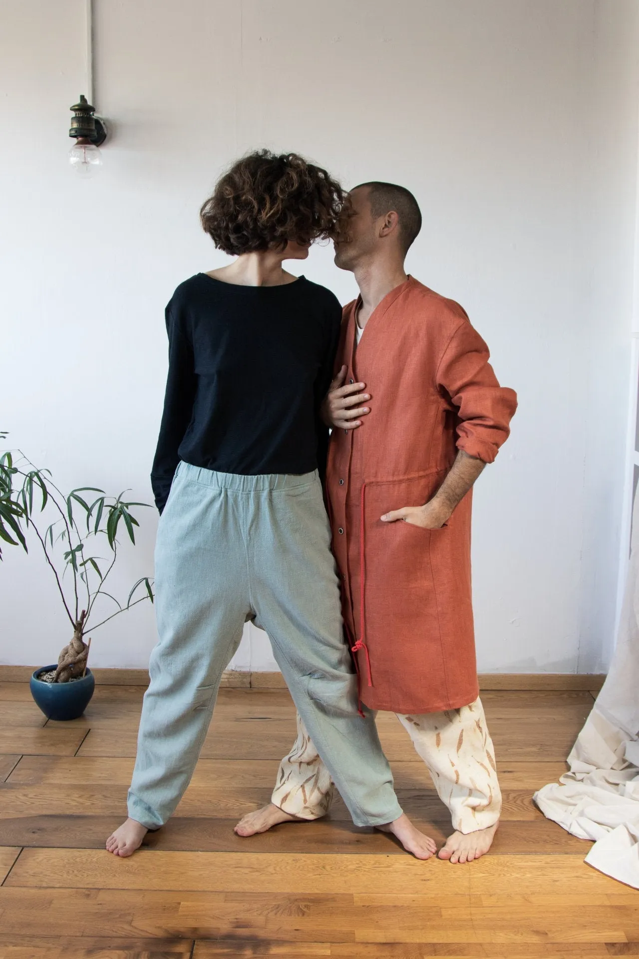 Blue comfortable pants made of hemp | minimalist drop crotch pants  | designer's unisex trousers |  ethical brand Haptic Path