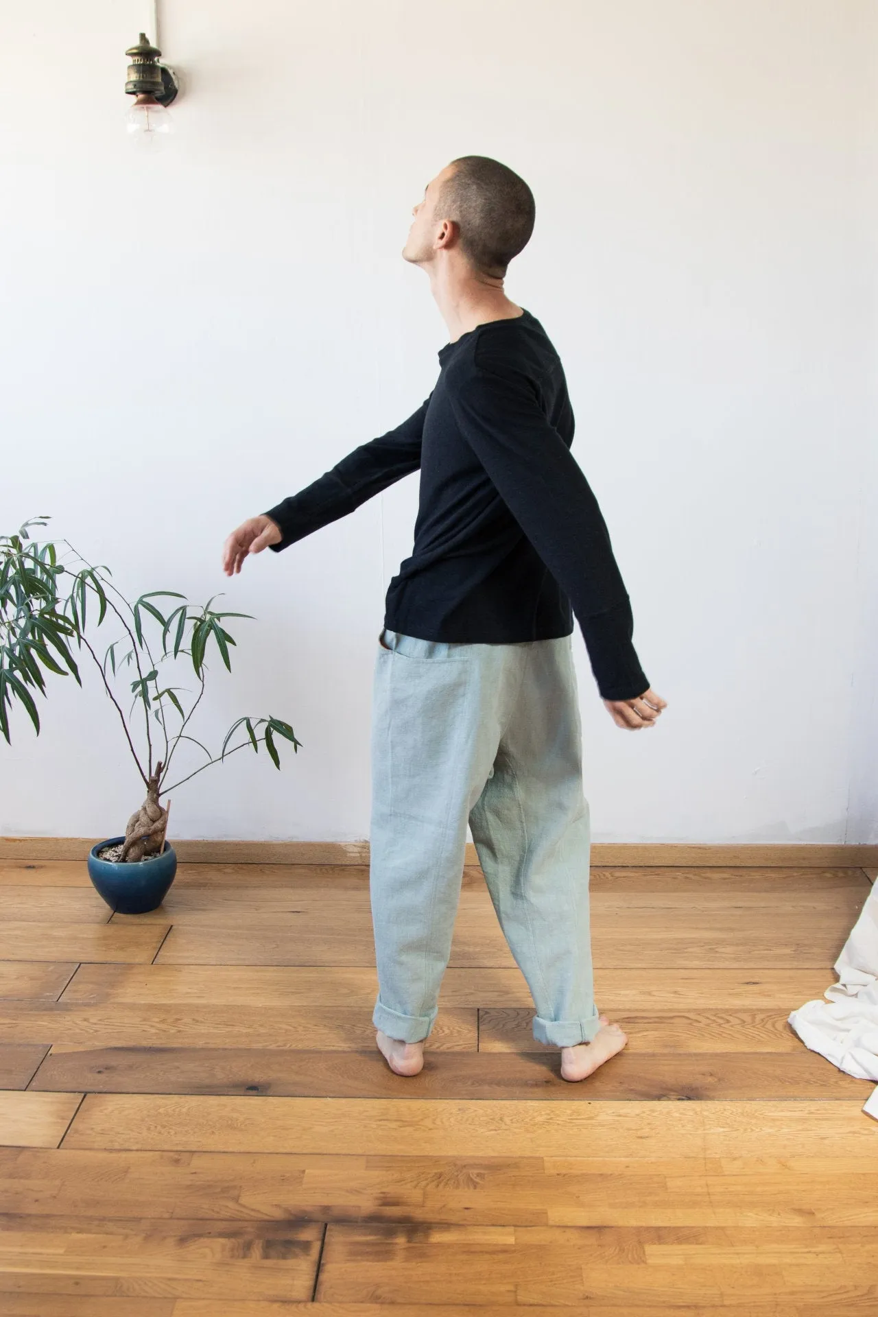 Blue comfortable pants made of hemp | minimalist drop crotch pants  | designer's unisex trousers |  ethical brand Haptic Path