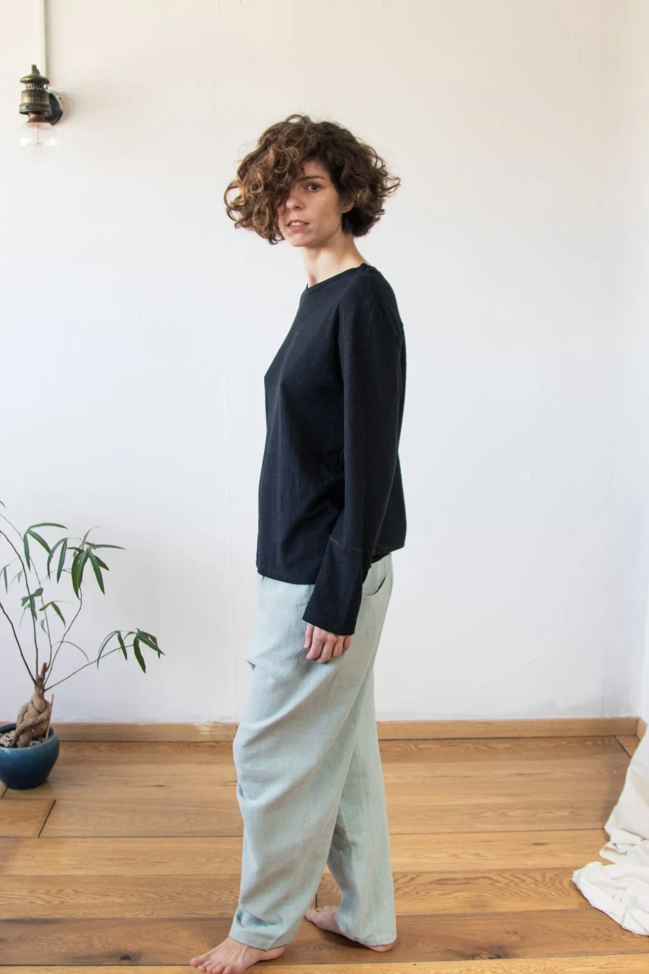 Blue comfortable pants made of hemp | minimalist drop crotch pants  | designer's unisex trousers |  ethical brand Haptic Path