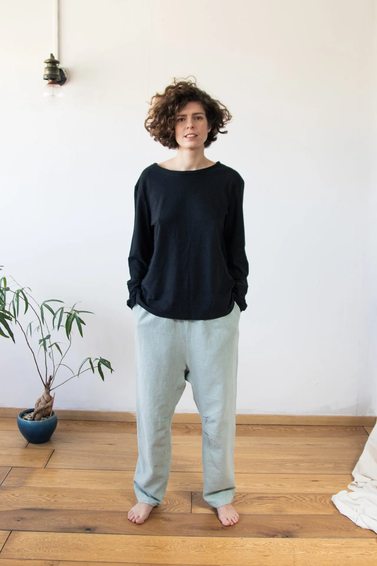 Blue comfortable pants made of hemp | minimalist drop crotch pants  | designer's unisex trousers |  ethical brand Haptic Path