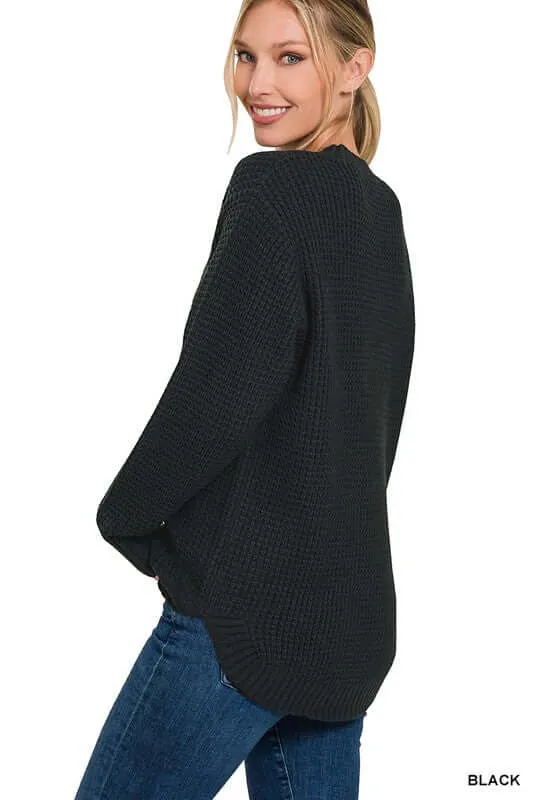 Casual Hi-Low Long Sleeve Round Neck Waffle Sweater