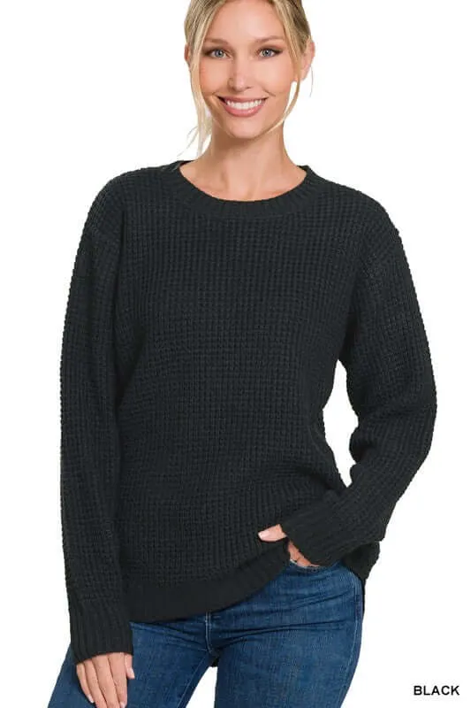 Casual Hi-Low Long Sleeve Round Neck Waffle Sweater