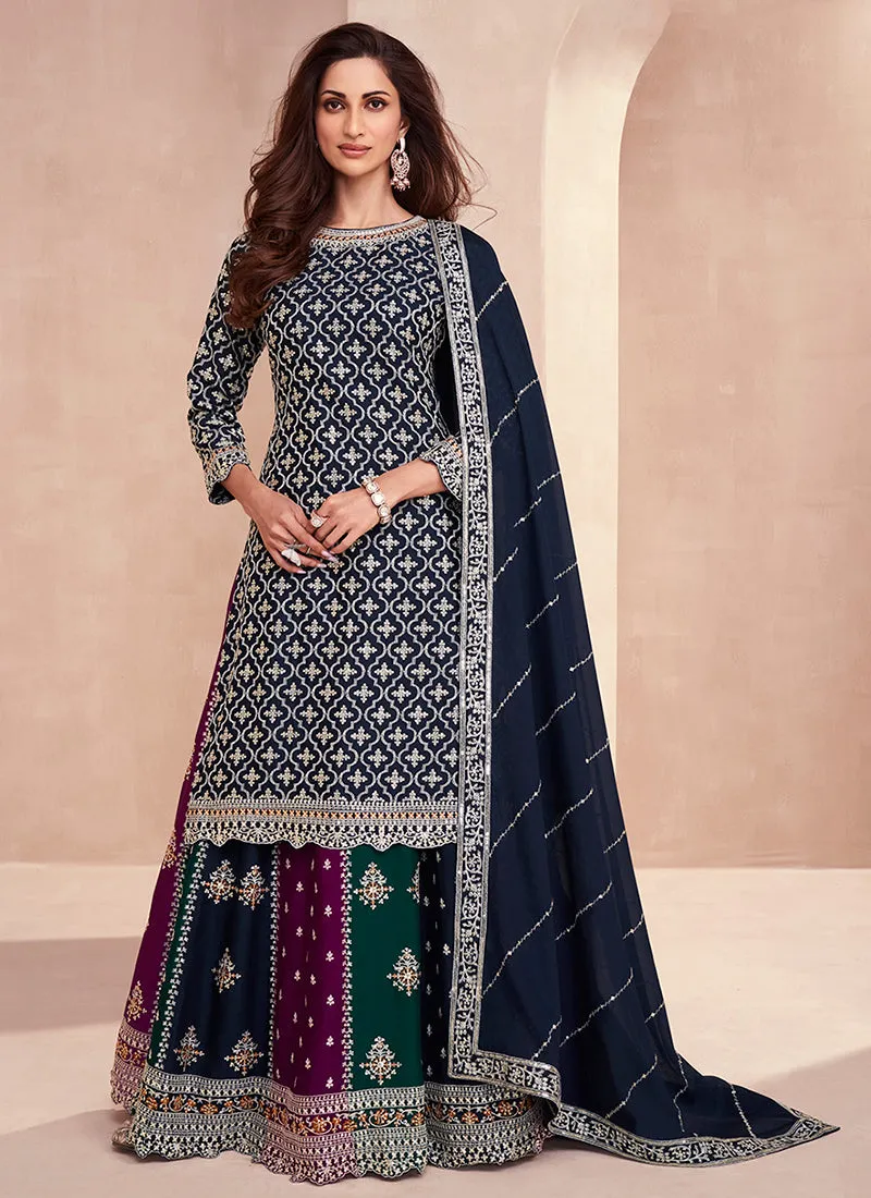 Dark Blue Multi Embroidery Wedding Lehenga Kurti