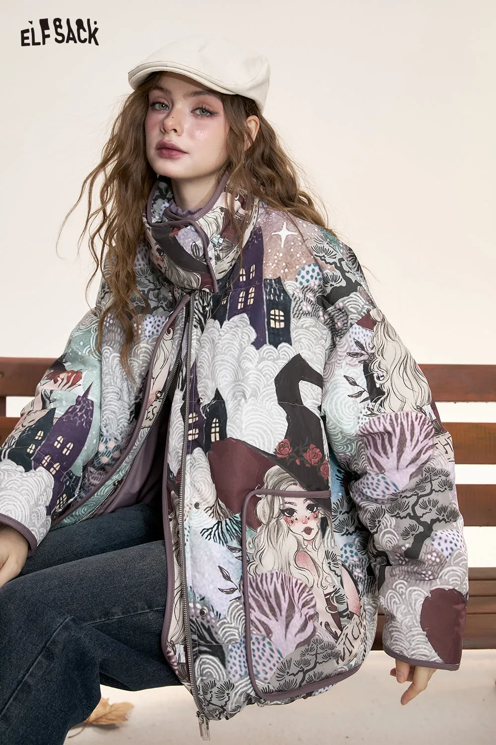 ELFSACK 2024 Winter New Arrivals Retro witch cartoon full print stand collar short down jacket women windproof warm coat