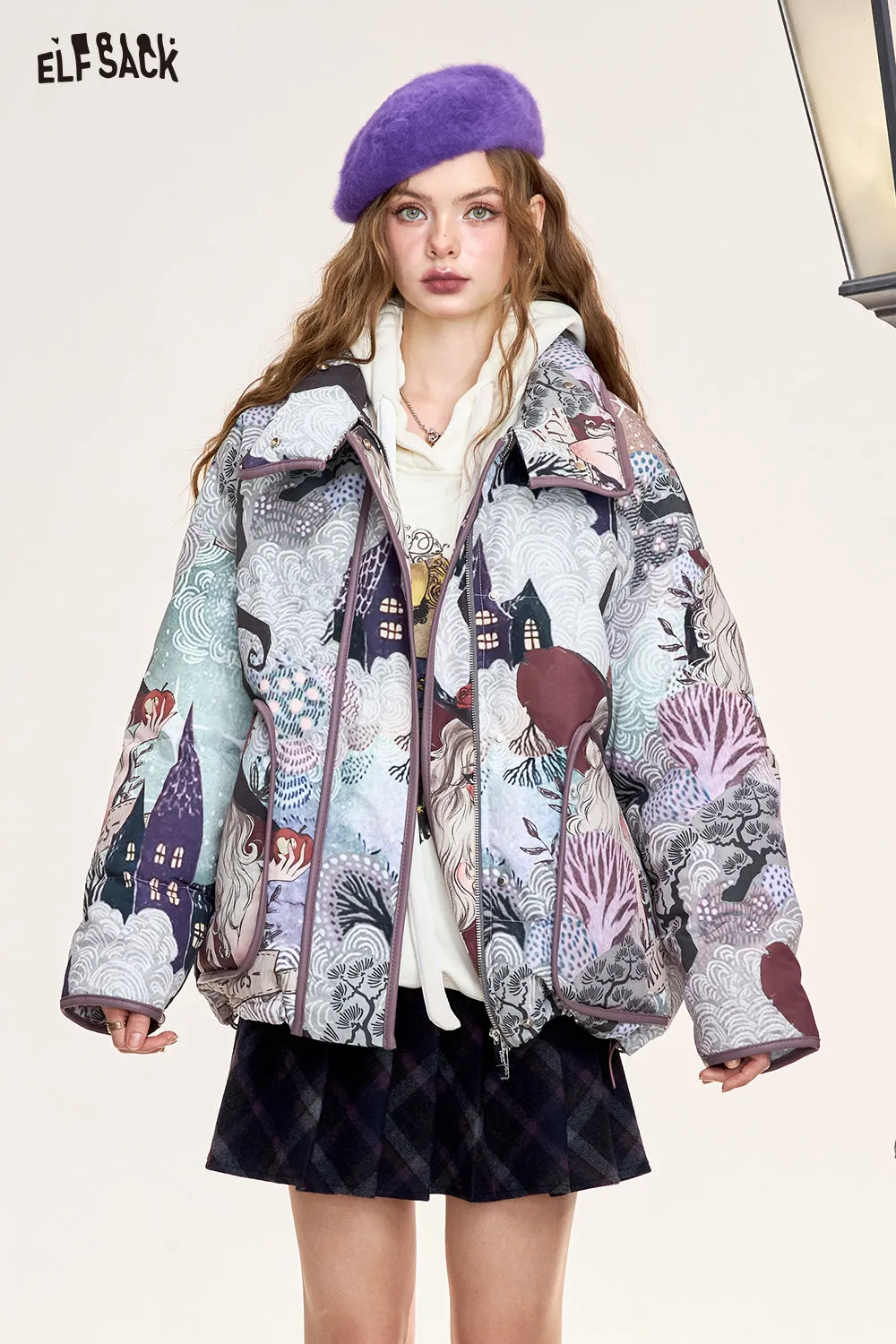 ELFSACK 2024 Winter New Arrivals Retro witch cartoon full print stand collar short down jacket women windproof warm coat