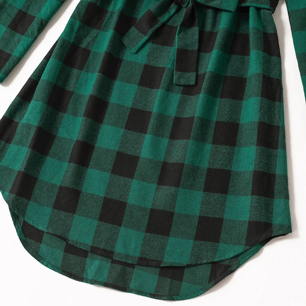 Family Matching Plaid Print Green Long-sleeve Family Dresses and Shirts Sets