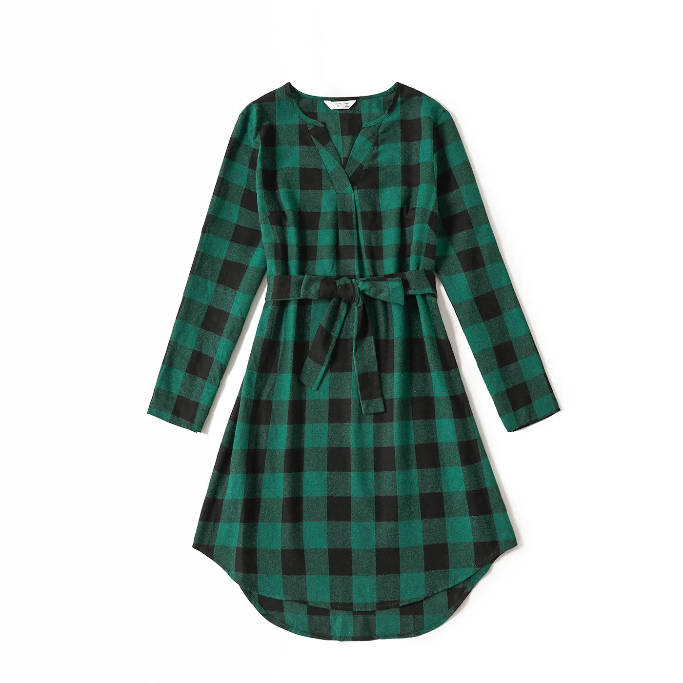 Family Matching Plaid Print Green Long-sleeve Family Dresses and Shirts Sets