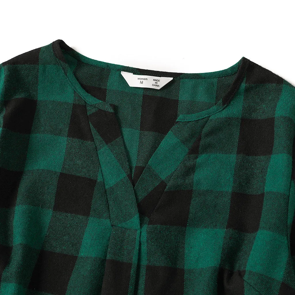 Family Matching Plaid Print Green Long-sleeve Family Dresses and Shirts Sets