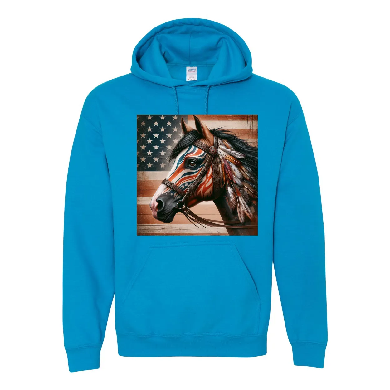 Freedom Horse American Flag Hoodie Pull Over Front Pocket Hoodies