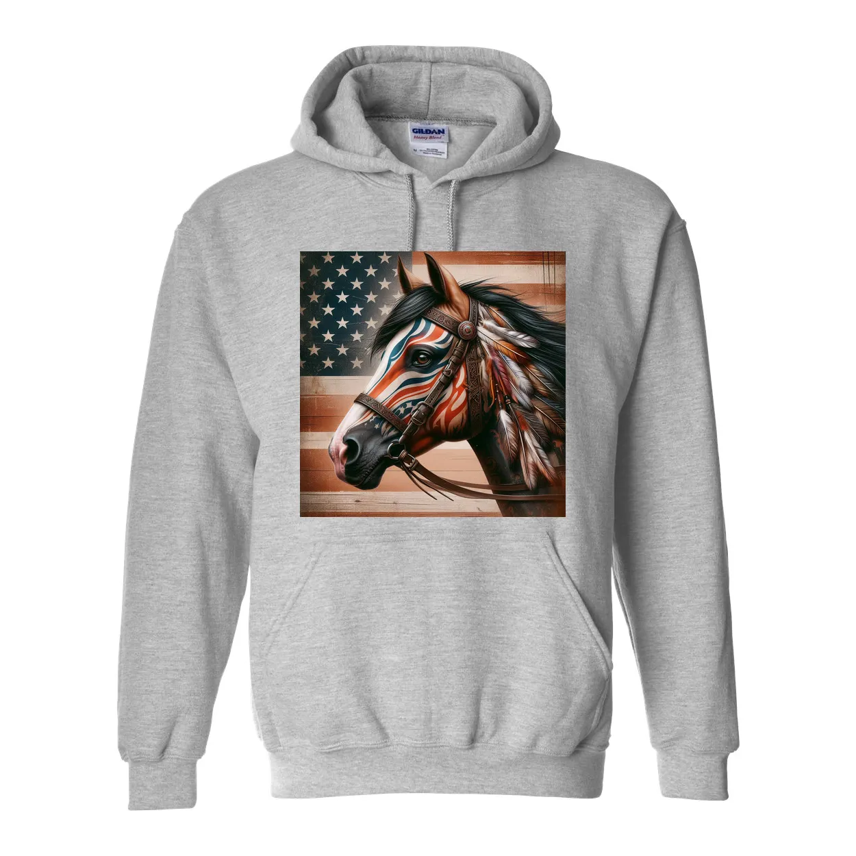 Freedom Horse American Flag Hoodie Pull Over Front Pocket Hoodies