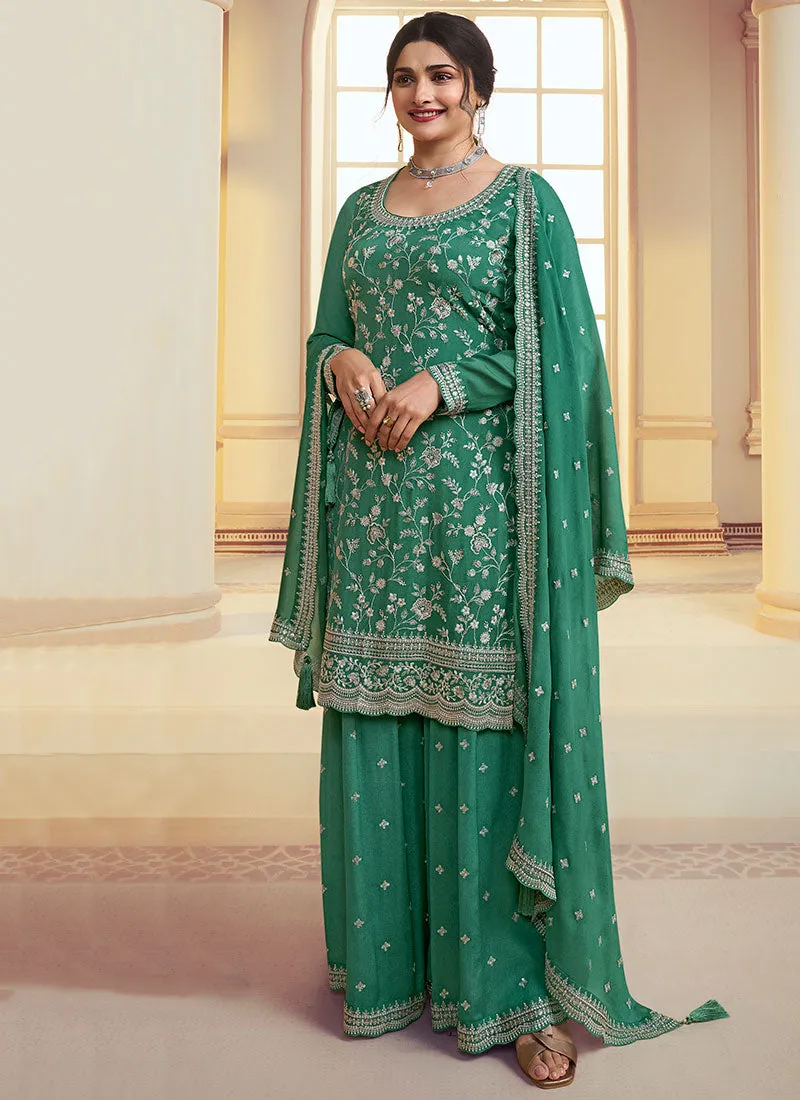 Green Sequence And Thread Embroidery Palazzo Suit