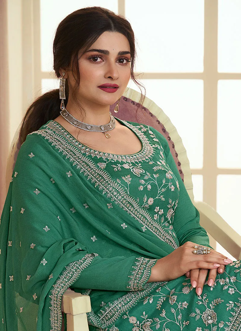 Green Sequence And Thread Embroidery Palazzo Suit