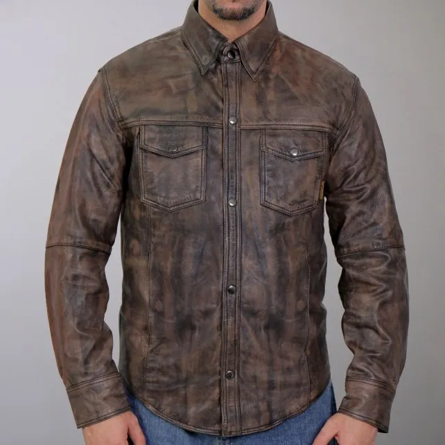 Hot Leathers LCS1004 Men's Distressed Brown Leather Fashion Shirt with Multiple Pockets