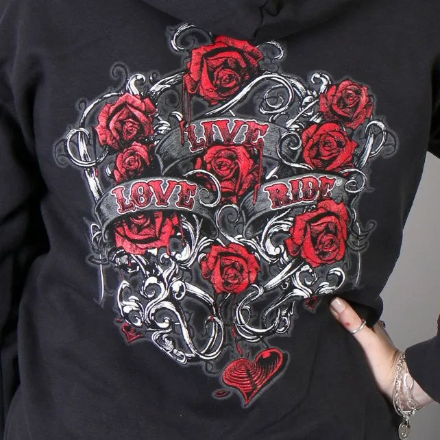 Hot Leathers Womens Hooded Sweatshirt with Live, Love, Ride and Roses