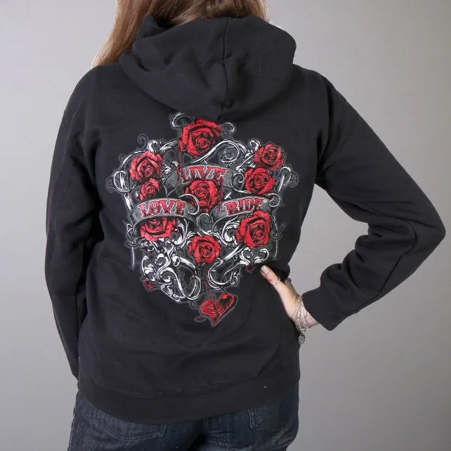 Hot Leathers Womens Hooded Sweatshirt with Live, Love, Ride and Roses