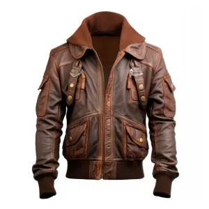 Men's Brown Flight Faux Shearling Lapel Hooded Leather Jacket