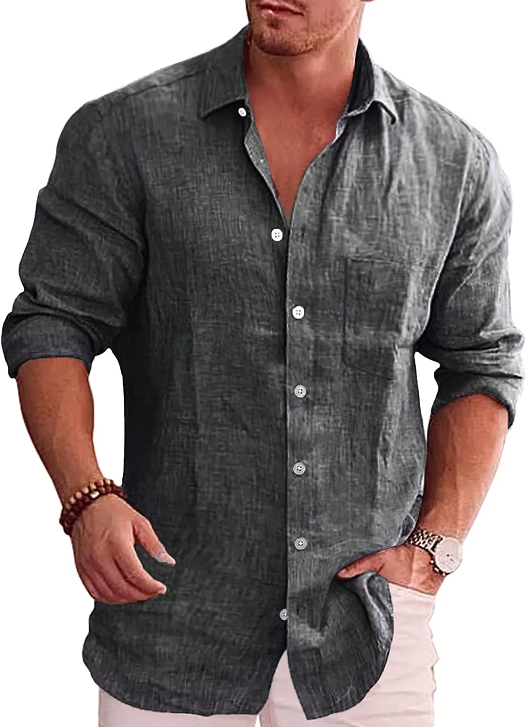 Men's Button Down Long Sleeve Linen Shirt