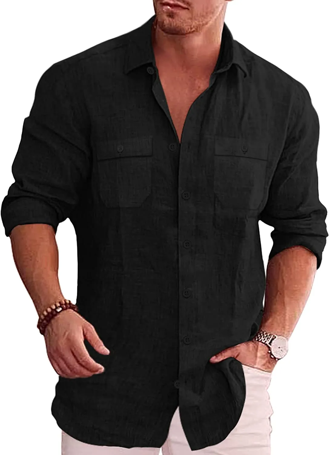 Men's Button Down Long Sleeve Linen Shirt