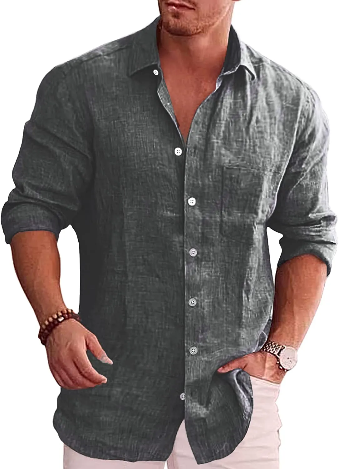 Men's Button Down Long Sleeve Linen Shirt