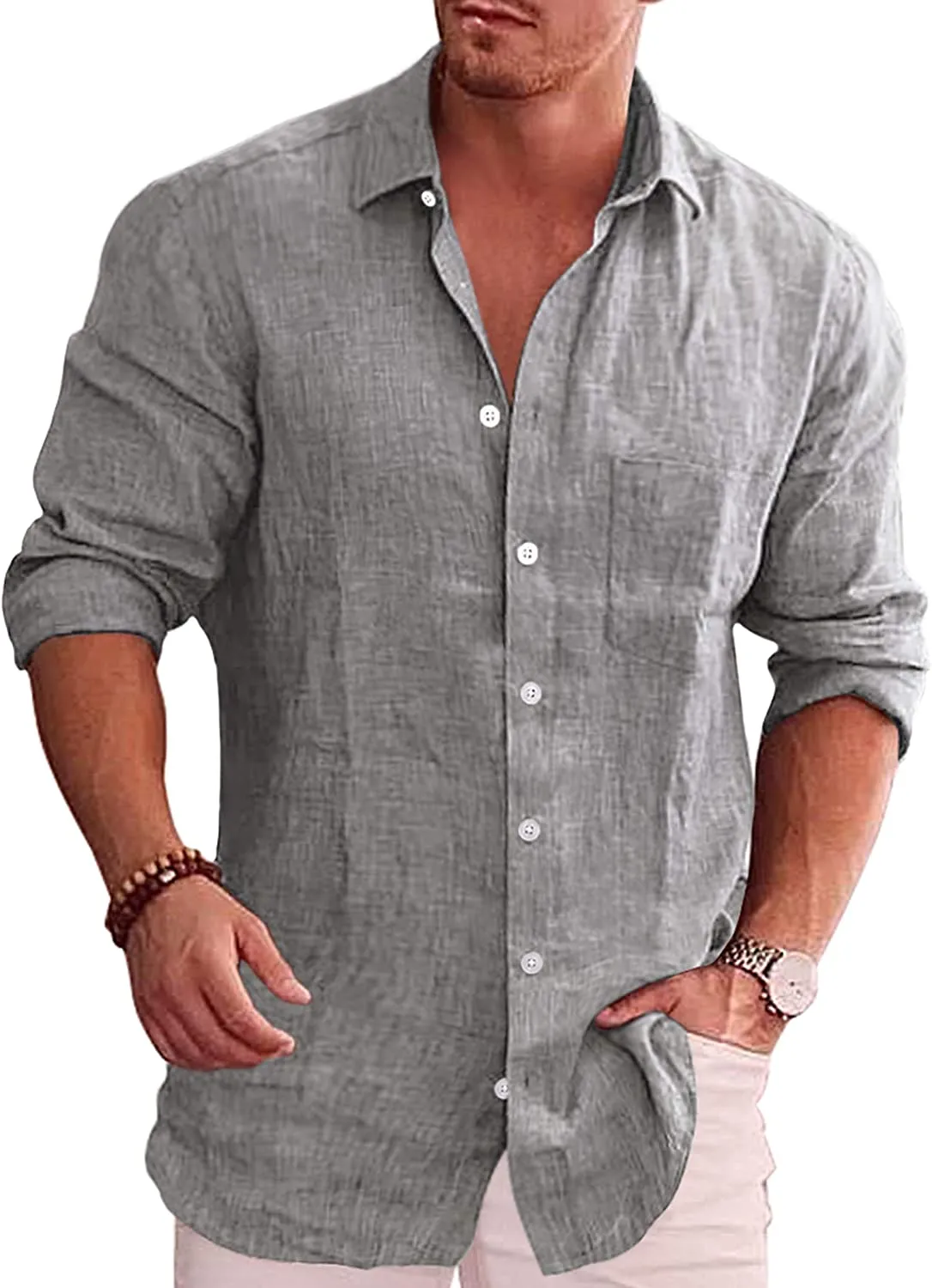 Men's Button Down Long Sleeve Linen Shirt