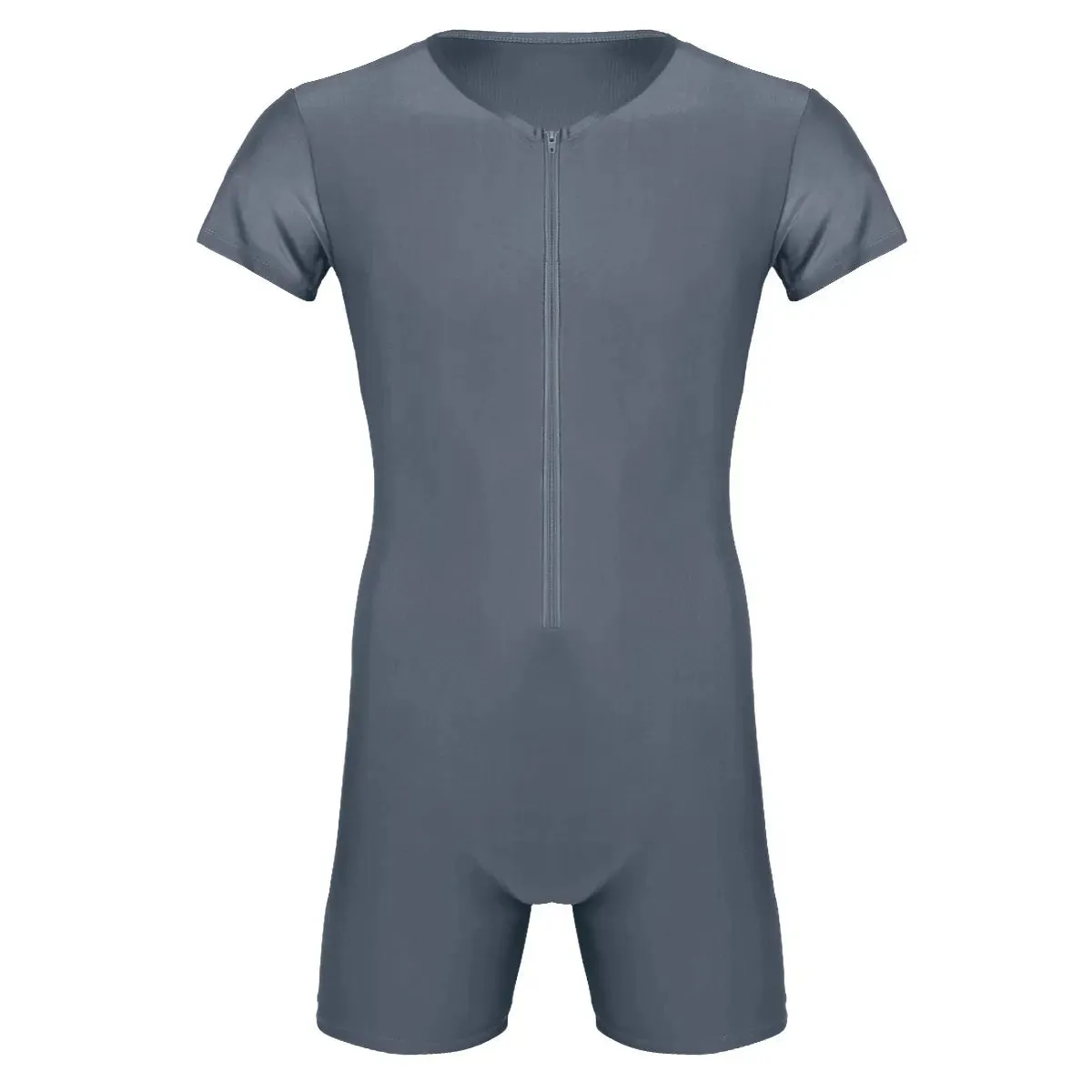 Mens One-piece Leotard Jumpsuit Pajamas Undershirts Male Short Sleeve Front Zipper Elastic Soft Boxer Briefs Bodysuit Swimwear