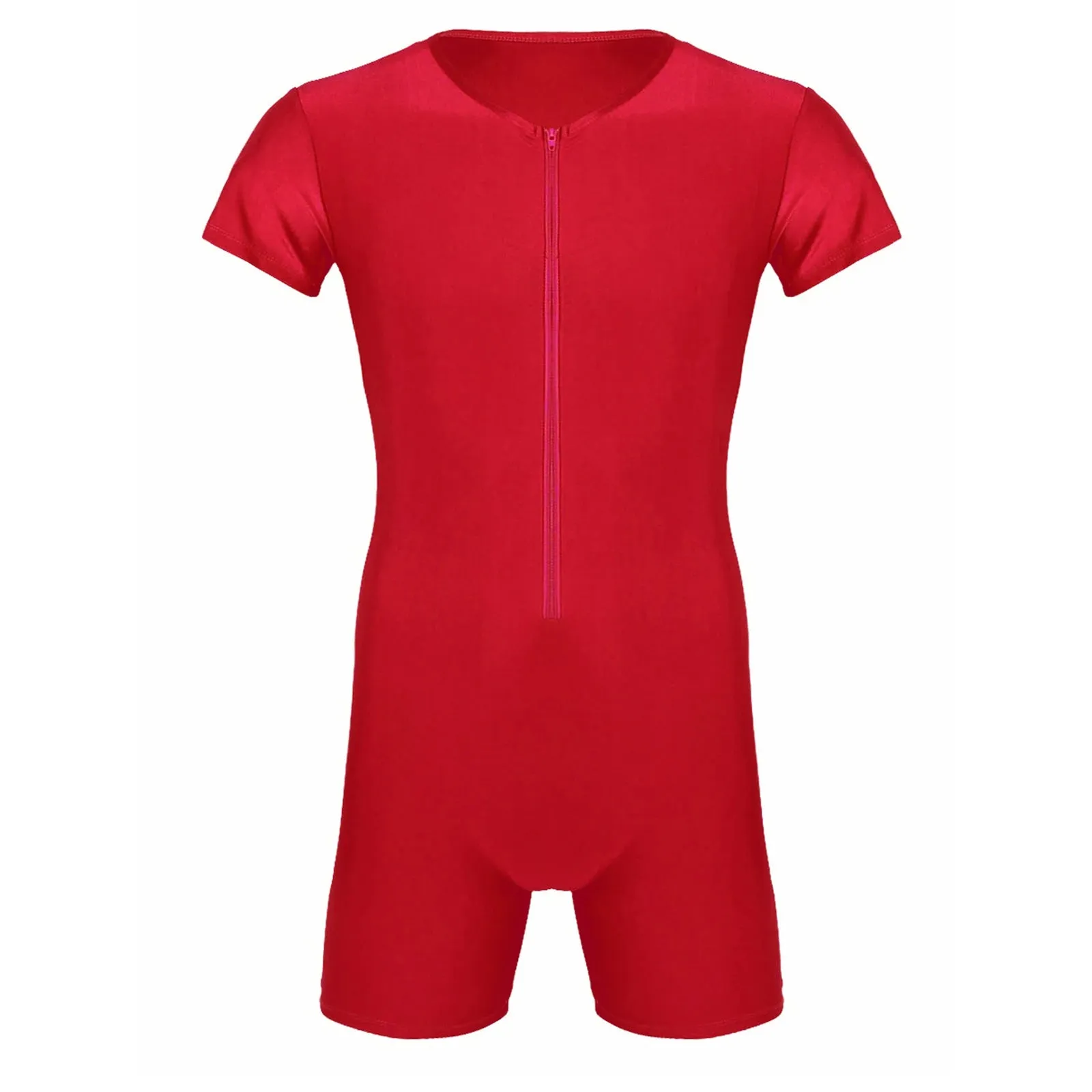 Mens One-piece Leotard Jumpsuit Pajamas Undershirts Male Short Sleeve Front Zipper Elastic Soft Boxer Briefs Bodysuit Swimwear