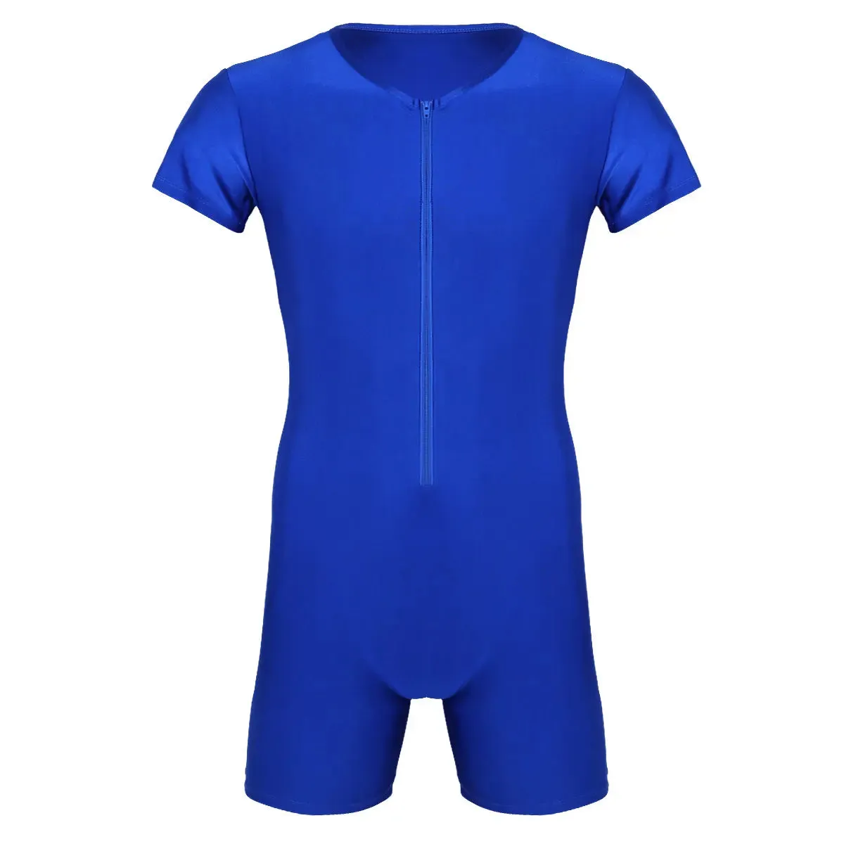 Mens One-piece Leotard Jumpsuit Pajamas Undershirts Male Short Sleeve Front Zipper Elastic Soft Boxer Briefs Bodysuit Swimwear