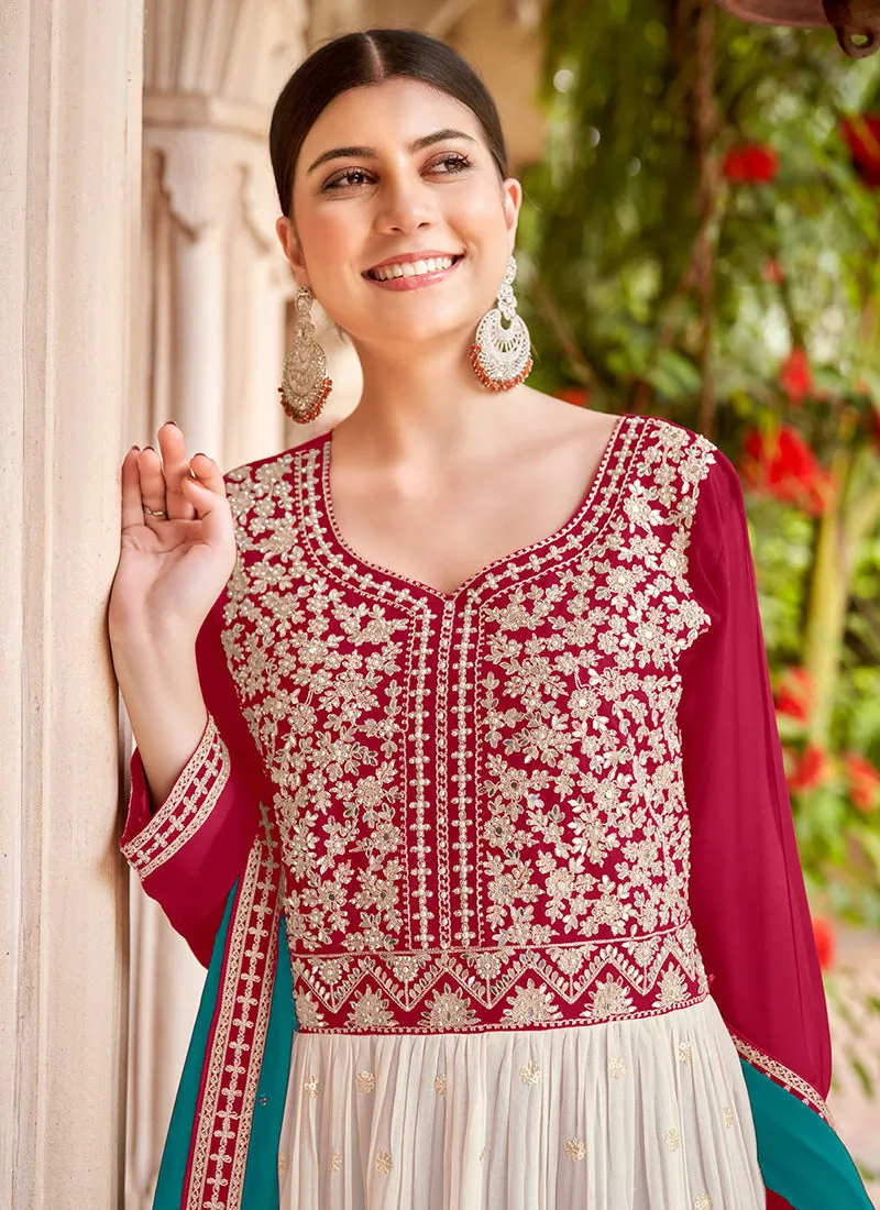 Off White And Pink Embroidery Anarkali Style Palazzo Suit