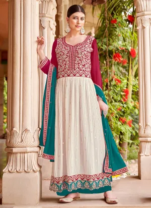 Off White And Pink Embroidery Anarkali Style Palazzo Suit