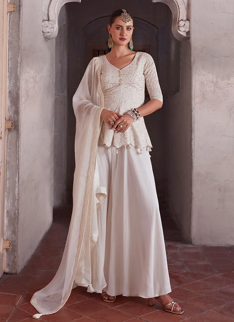 Off White Sequence Embroidery Chikankari Sharara Suit