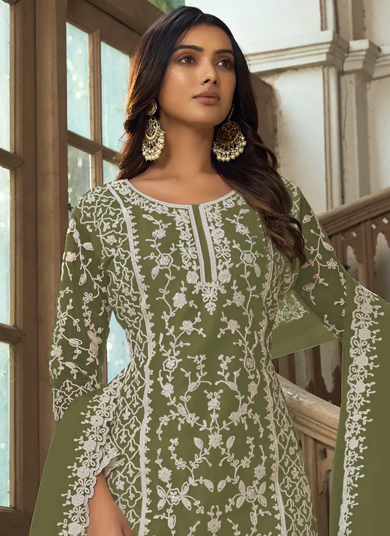 Olive Green Embroidery Pakistani Pant Style Suit