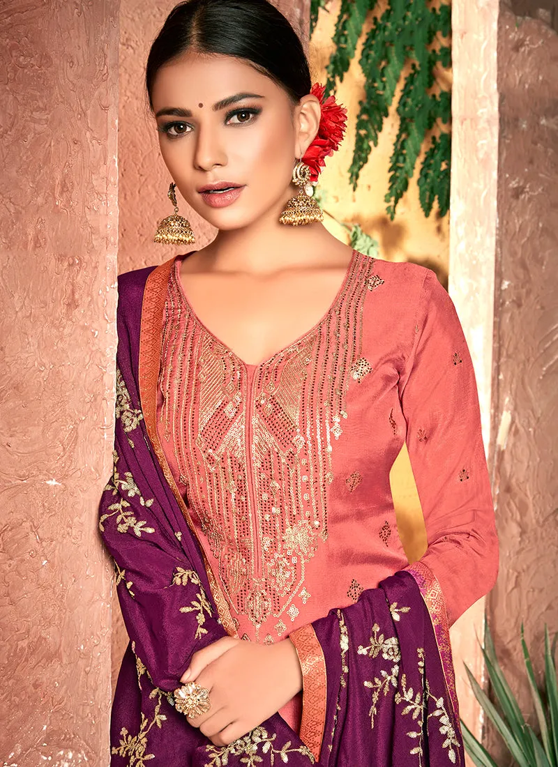 Peach And Purple Traditional Sequence Embroidery Palazzo Suit