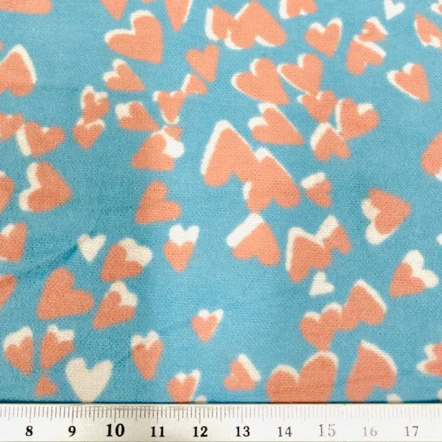 Printed Flannelette Fabric, Hearts Blue Sea -110cm Width