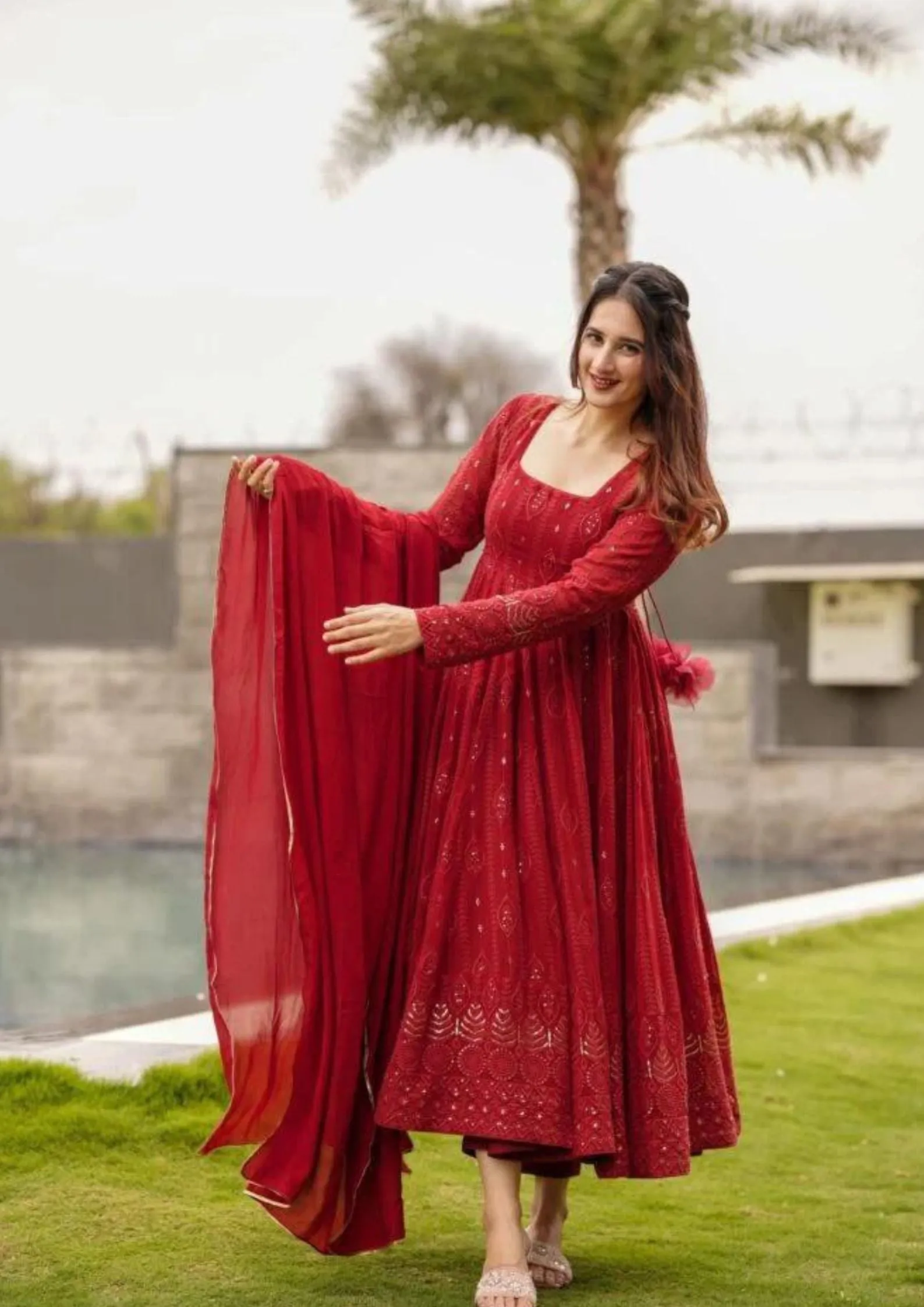 Red Party wear Embroidered Anarkali Kurta Set