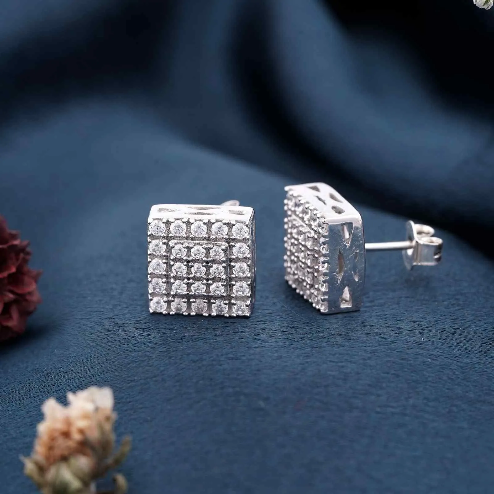 Silver Zircon Unisex Square Studs