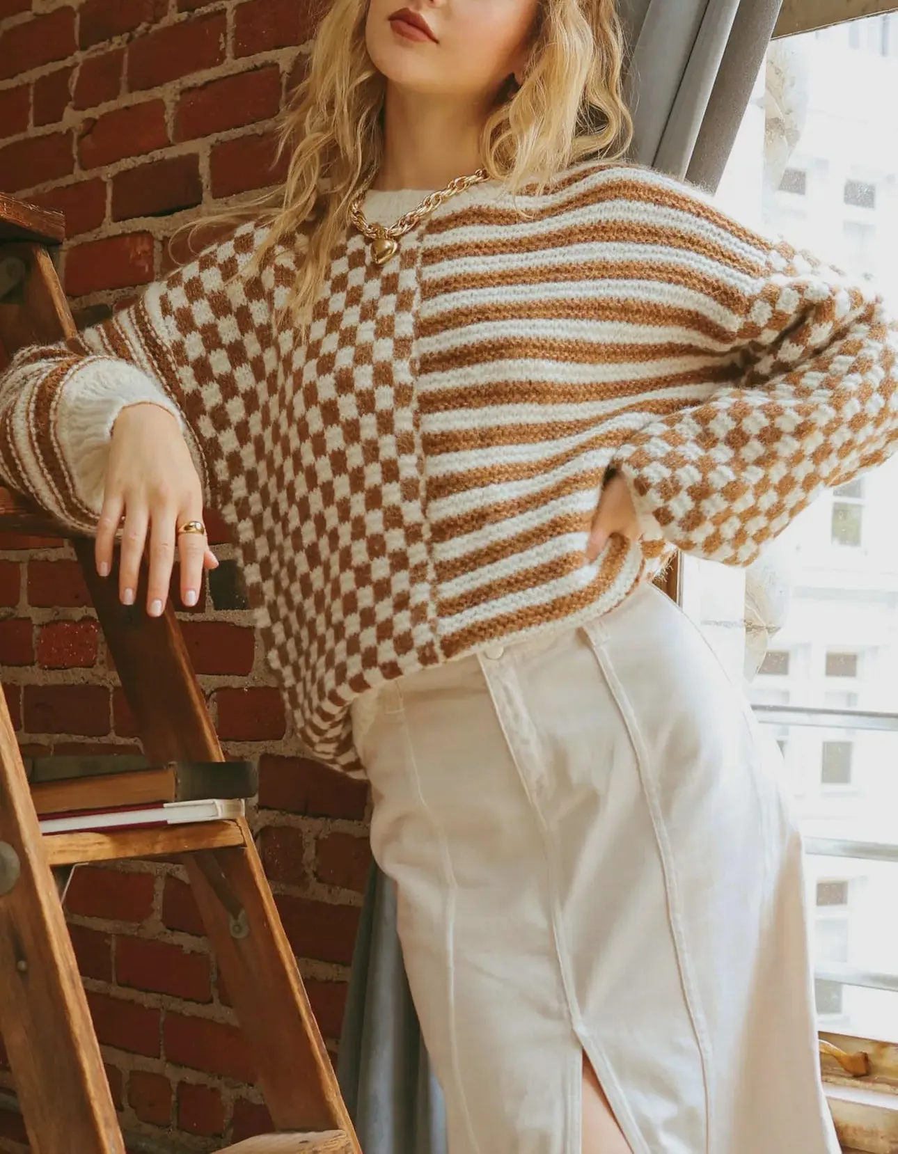 Striped and Checkered Chunky Sweater in Mocha LAST ONE!