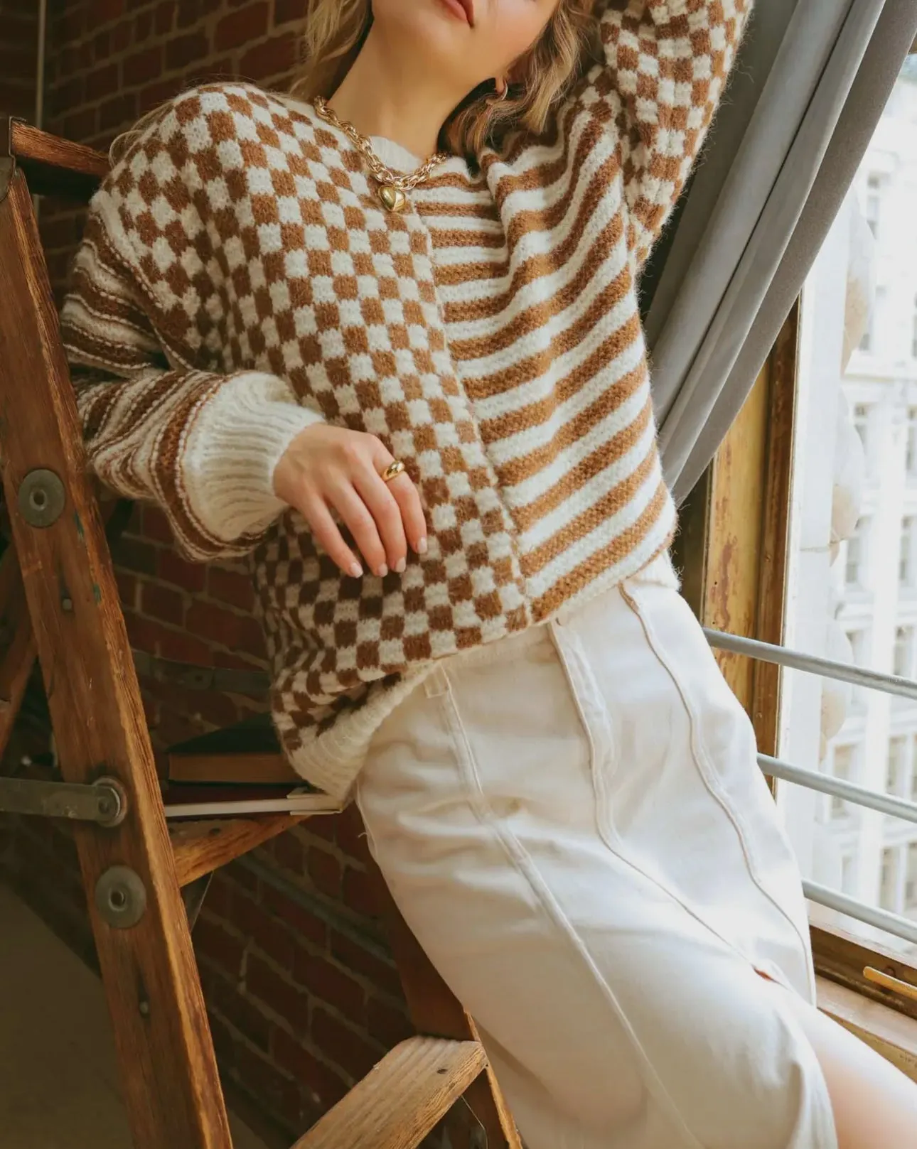 Striped and Checkered Chunky Sweater in Mocha LAST ONE!