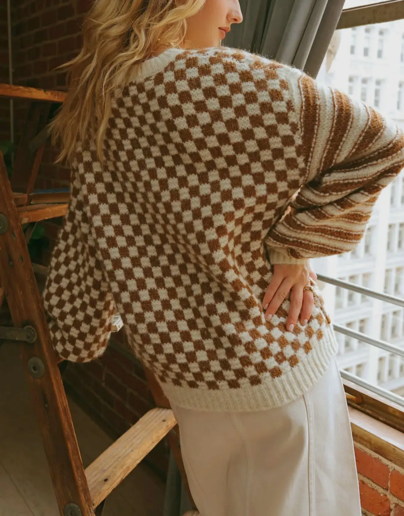 Striped and Checkered Chunky Sweater in Mocha LAST ONE!